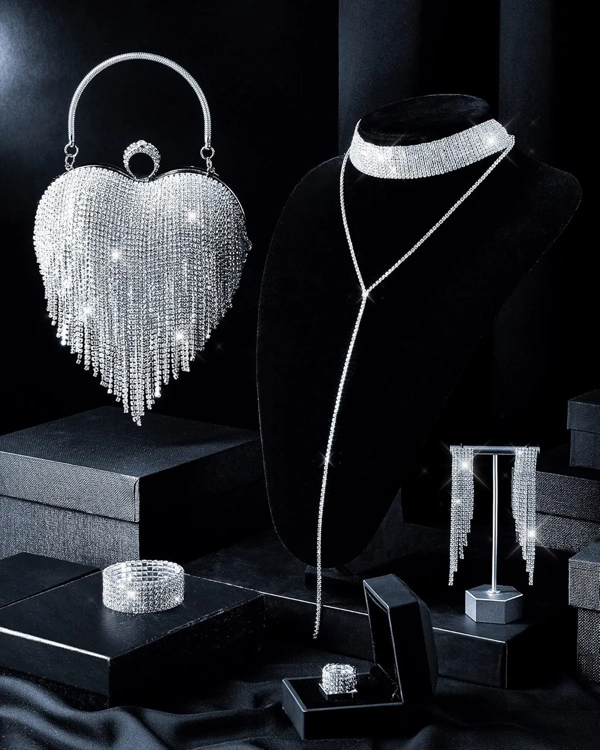 5 Pcs Valentine's Day Rhinestone Clutch Purses Jewelry Set for Women Heart Shape Tassel Evening Clutch Bag