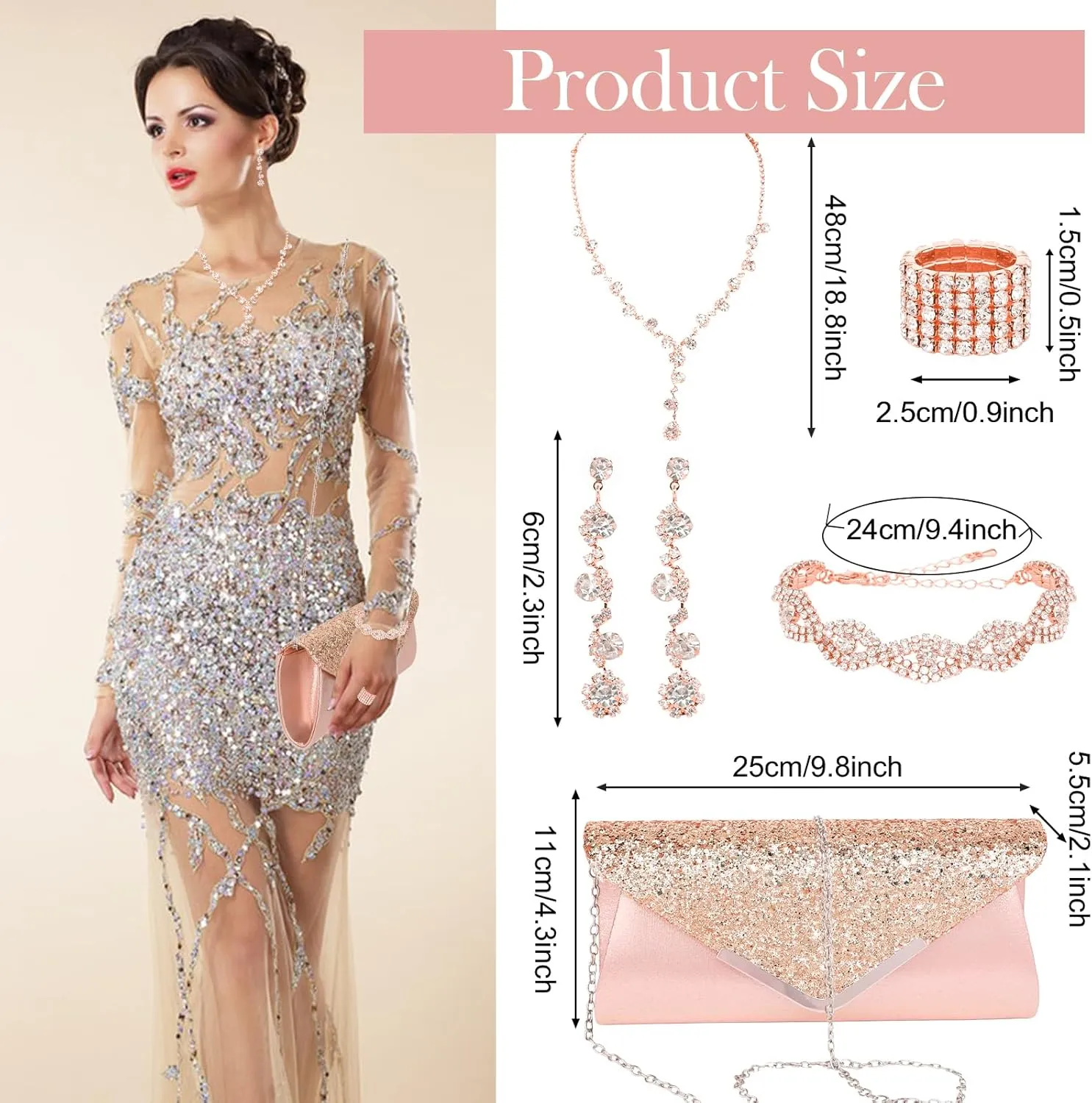 5 Pieces Clutch Purse Rhinestone Jewelry Sets for Women Prom Necklace Earrings Bracelet Ring Bling Glitter Purse Formal Jewelry for Women Evening Wear