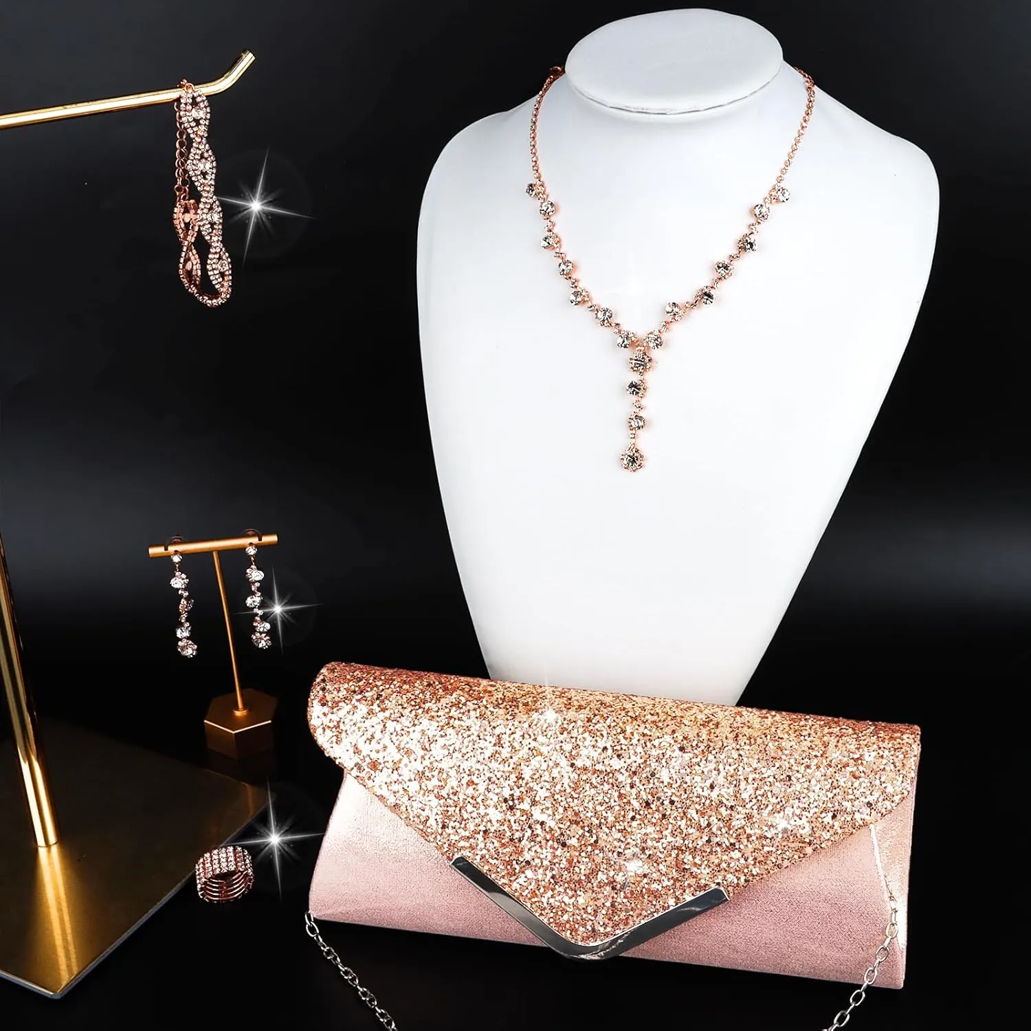 5 Pieces Clutch Purse Rhinestone Jewelry Sets for Women Prom Necklace Earrings Bracelet Ring Bling Glitter Purse Formal Jewelry for Women Evening Wear