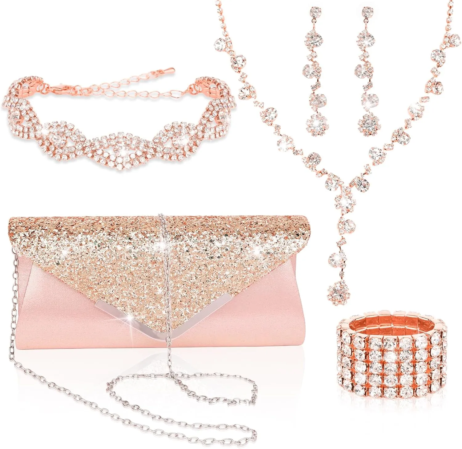 5 Pieces Clutch Purse Rhinestone Jewelry Sets for Women Prom Necklace Earrings Bracelet Ring Bling Glitter Purse Formal Jewelry for Women Evening Wear