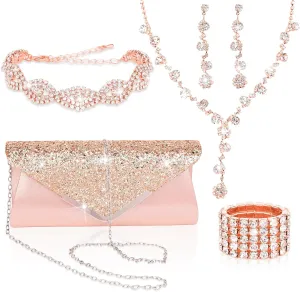 5 Pieces Clutch Purse Rhinestone Jewelry Sets for Women Prom Necklace Earrings Bracelet Ring Bling Glitter Purse Formal Jewelry for Women Evening Wear
