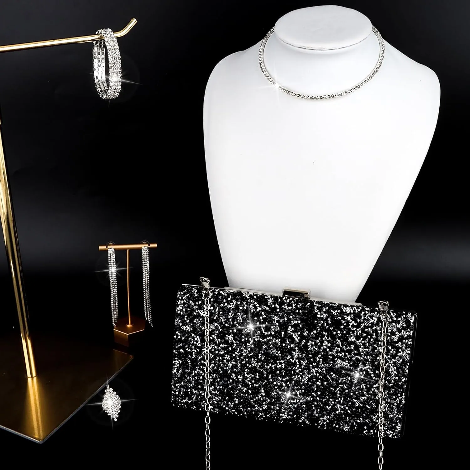 5 Pieces Clutch Purse Rhinestone Jewelry Sets for Women Prom Necklace Earrings Bracelet Ring Bling Glitter Purse Formal Jewelry for Women Evening Wear