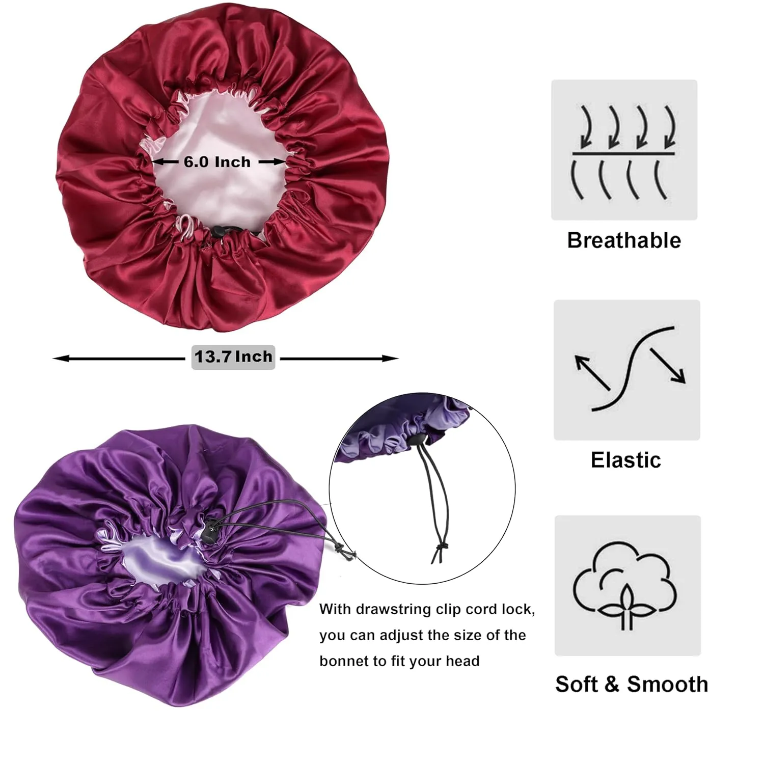 6 Pieces Reversible Silk Bonnet for Women Satin Bonnet Hair Wrap for Sleeping Cap with Tie Band(BBP)