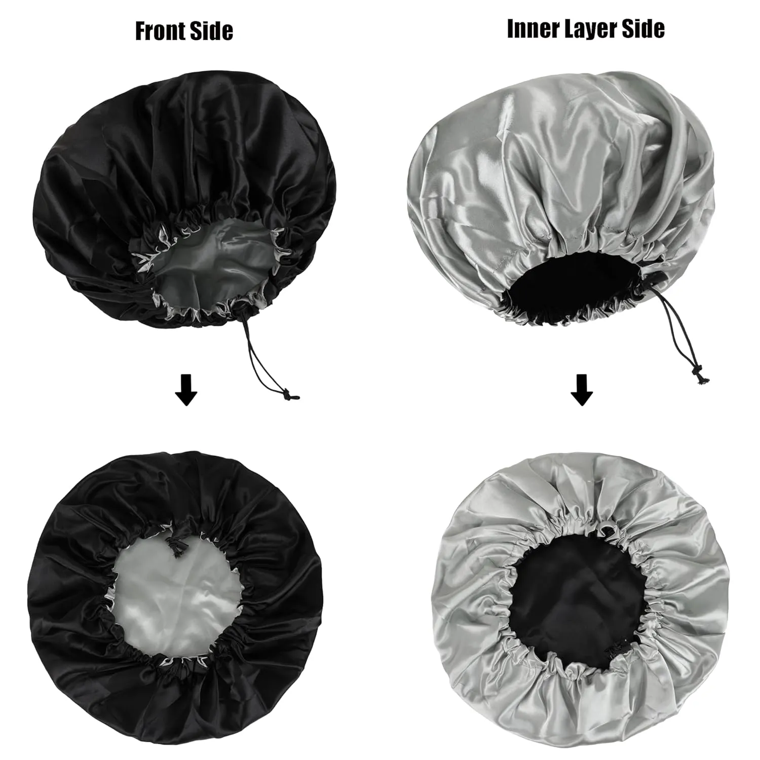 6 Pieces Reversible Silk Bonnet For Women Satin Bonnet Hair Wrap For Sleeping Cap with Tie Band(Black)