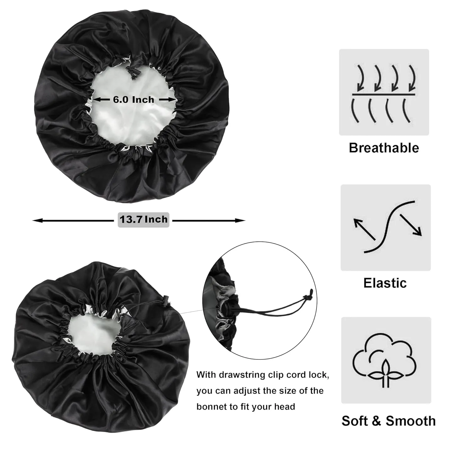 6 Pieces Reversible Silk Bonnet For Women Satin Bonnet Hair Wrap For Sleeping Cap with Tie Band(Black)