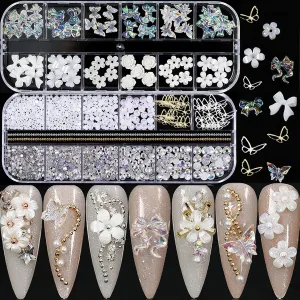 Acrylic Butterfly Flower Bear Nail Art Pendant Art, Multi-Shape Pearl Rhinestone Golden Metal Applique Jewelry Accessories Production (S1-Bow Rhinestones)