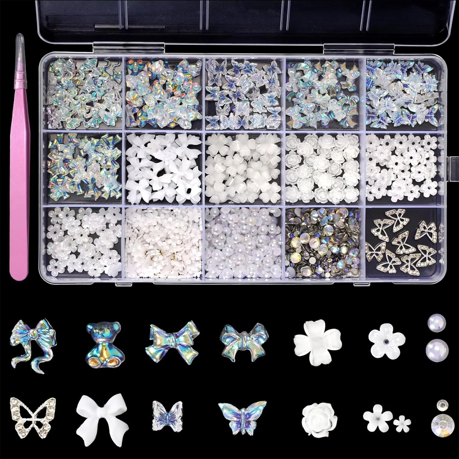 Acrylic Butterfly Flower Bear Nail Art Pendant Art, Multi-Shape Pearl Rhinestone Golden Metal Applique Jewelry Accessories Production (S1-Bow Rhinestones)