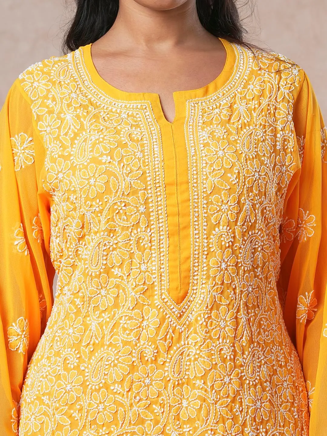 Ada Indian Hand Embroidered Chikankari Ethnic Wear Georgette Kurta Kurti Tunic for Women A95504