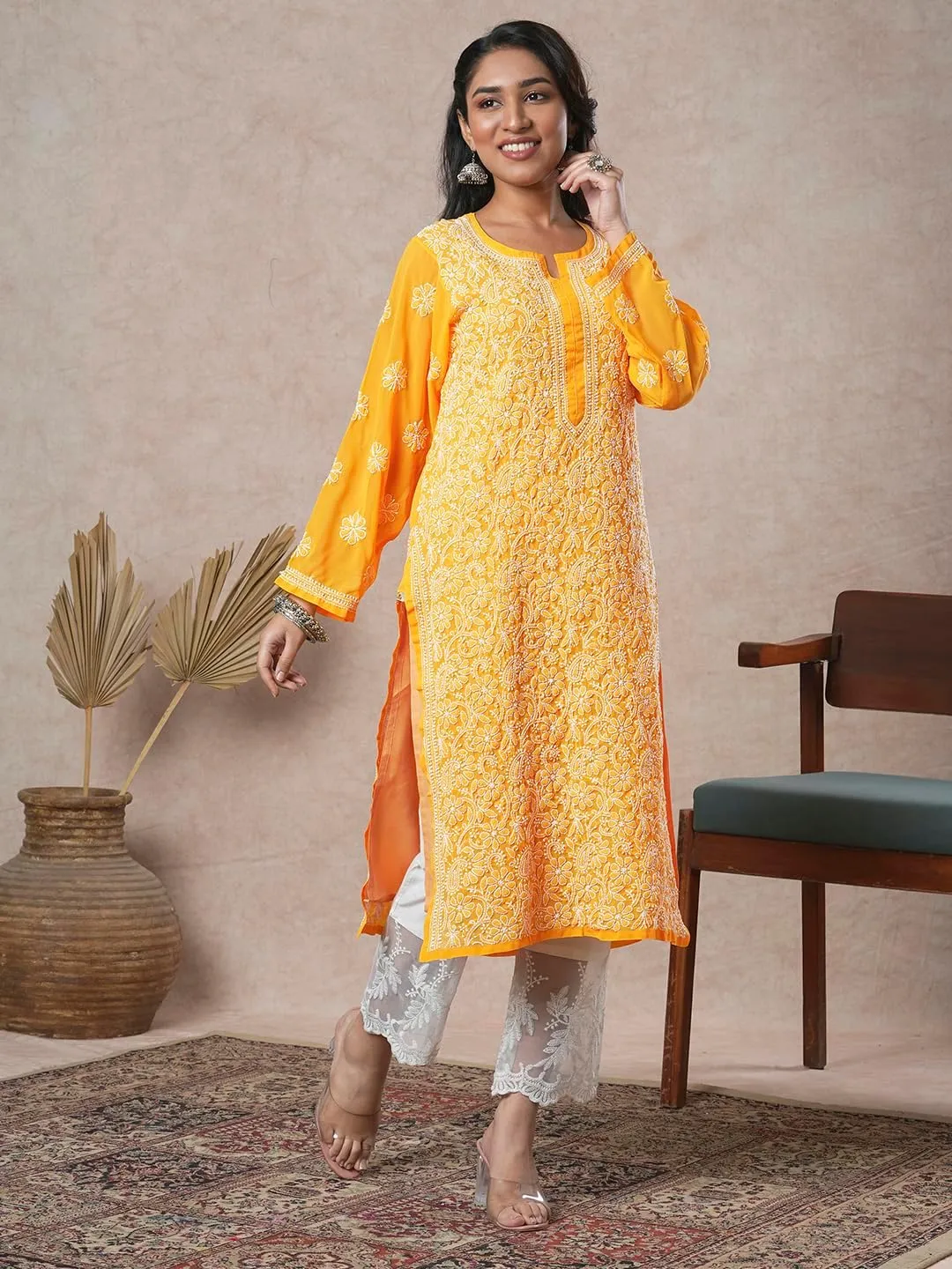 Ada Indian Hand Embroidered Chikankari Ethnic Wear Georgette Kurta Kurti Tunic for Women A95504