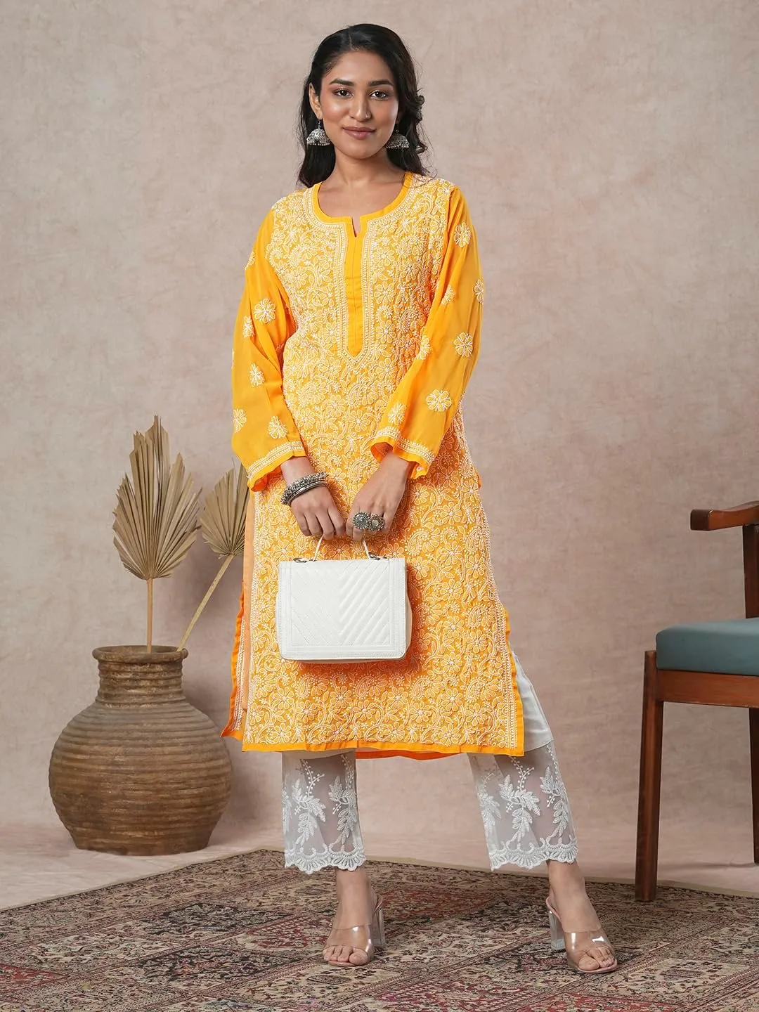 Ada Indian Hand Embroidered Chikankari Ethnic Wear Georgette Kurta Kurti Tunic for Women A95504