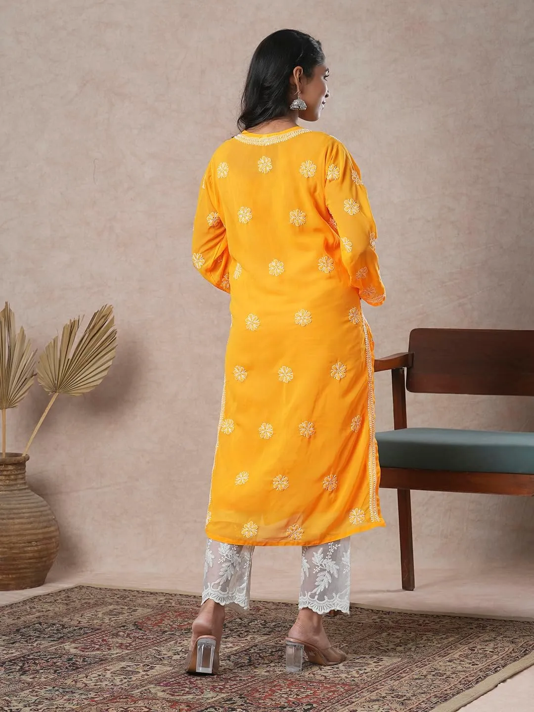 Ada Indian Hand Embroidered Chikankari Ethnic Wear Georgette Kurta Kurti Tunic for Women A95504