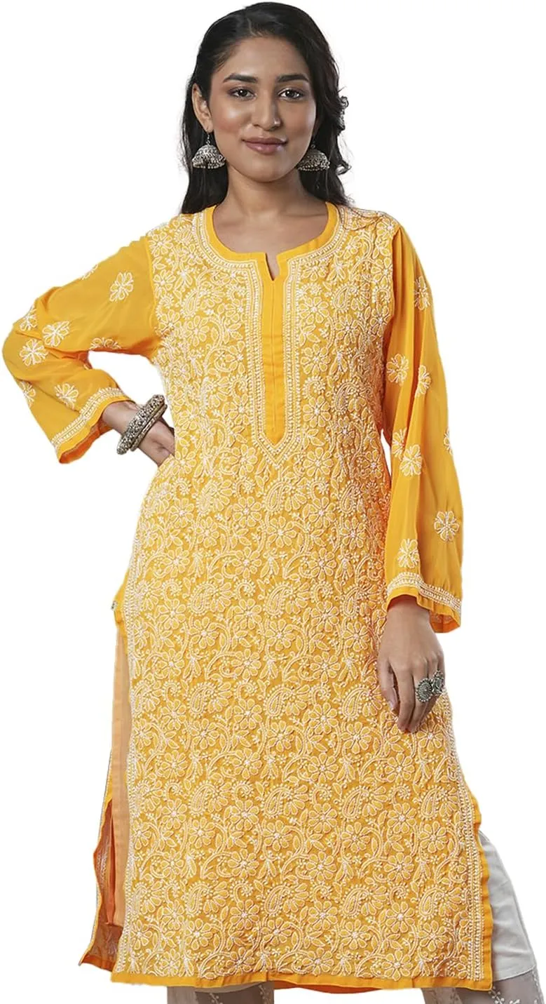Ada Indian Hand Embroidered Chikankari Ethnic Wear Georgette Kurta Kurti Tunic for Women A95504