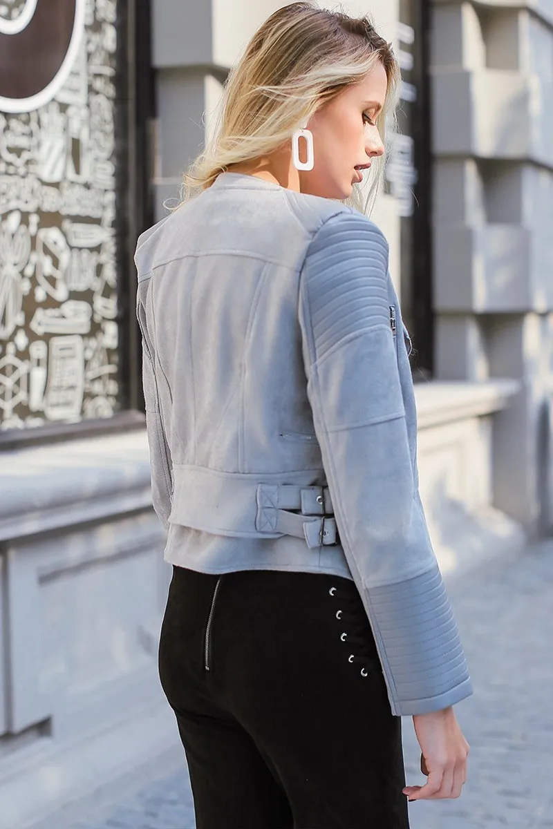 Adorable Gray Zipper Faux Leather Jacket