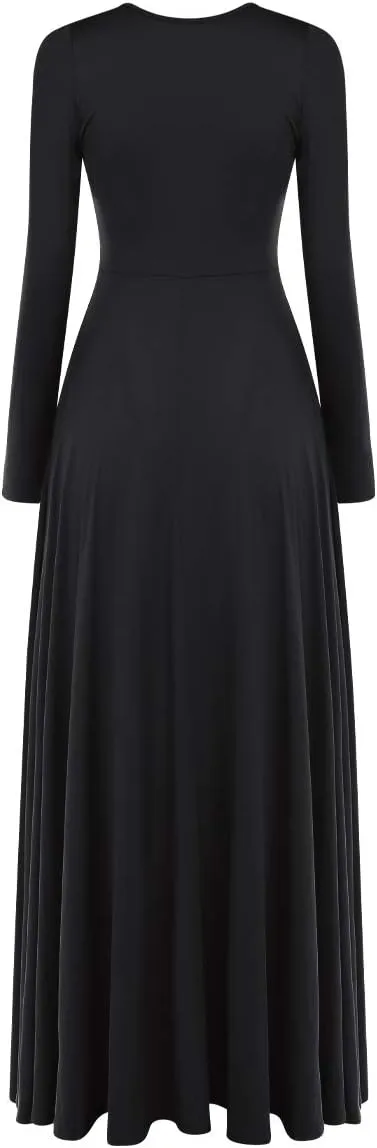 AFAVOM Women Metallic Color Block Praise Dance Dress Full Length Long Sleeve Worship Liturgical Lyrical Dancewear Costume