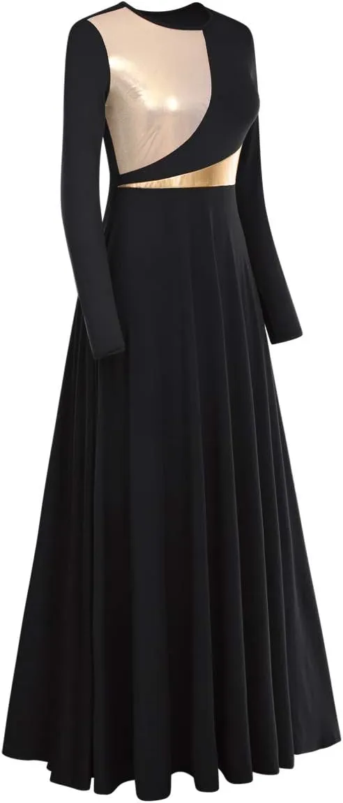 AFAVOM Women Metallic Color Block Praise Dance Dress Full Length Long Sleeve Worship Liturgical Lyrical Dancewear Costume