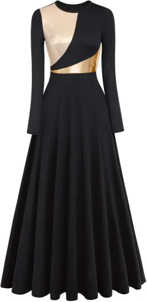 AFAVOM Women Metallic Color Block Praise Dance Dress Full Length Long Sleeve Worship Liturgical Lyrical Dancewear Costume