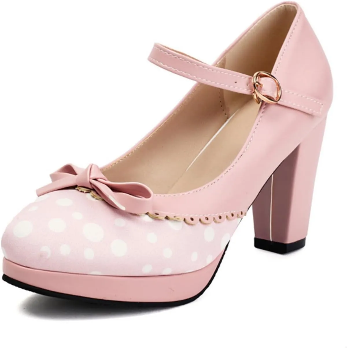Aflngle Women's Bow Platform Mary Jane Pumps Fashion Patchwork Round Toe Closed Chunky High Heels Ankle Strap Buckle Wedding Party Prom Dating Dress Shoes