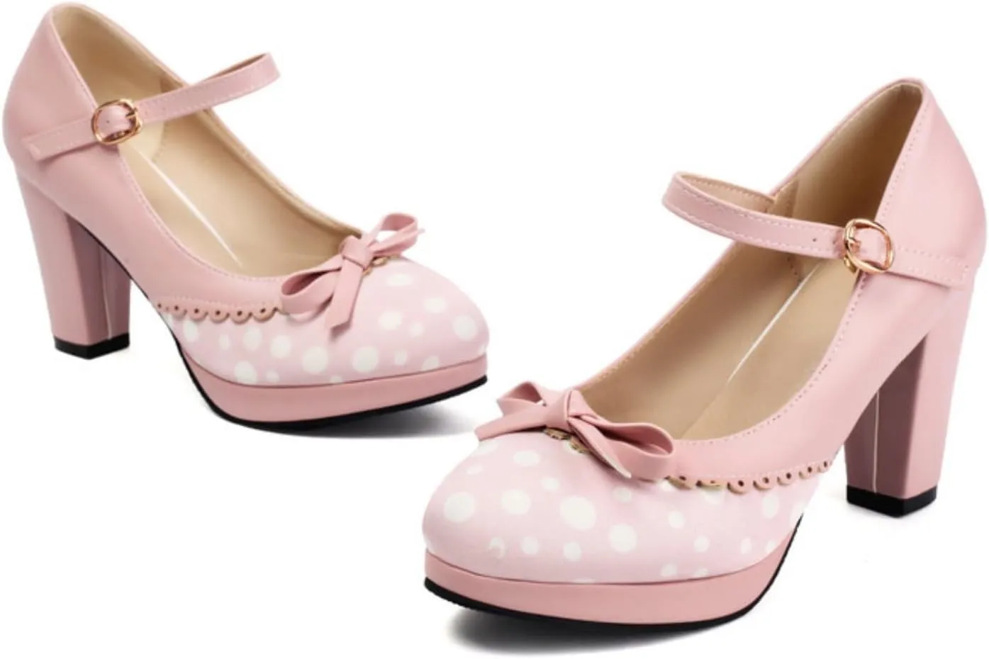 Aflngle Women's Bow Platform Mary Jane Pumps Fashion Patchwork Round Toe Closed Chunky High Heels Ankle Strap Buckle Wedding Party Prom Dating Dress Shoes