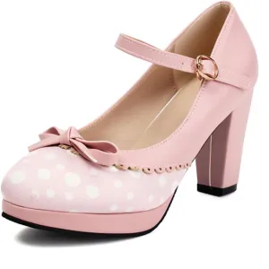Aflngle Women's Bow Platform Mary Jane Pumps Fashion Patchwork Round Toe Closed Chunky High Heels Ankle Strap Buckle Wedding Party Prom Dating Dress Shoes
