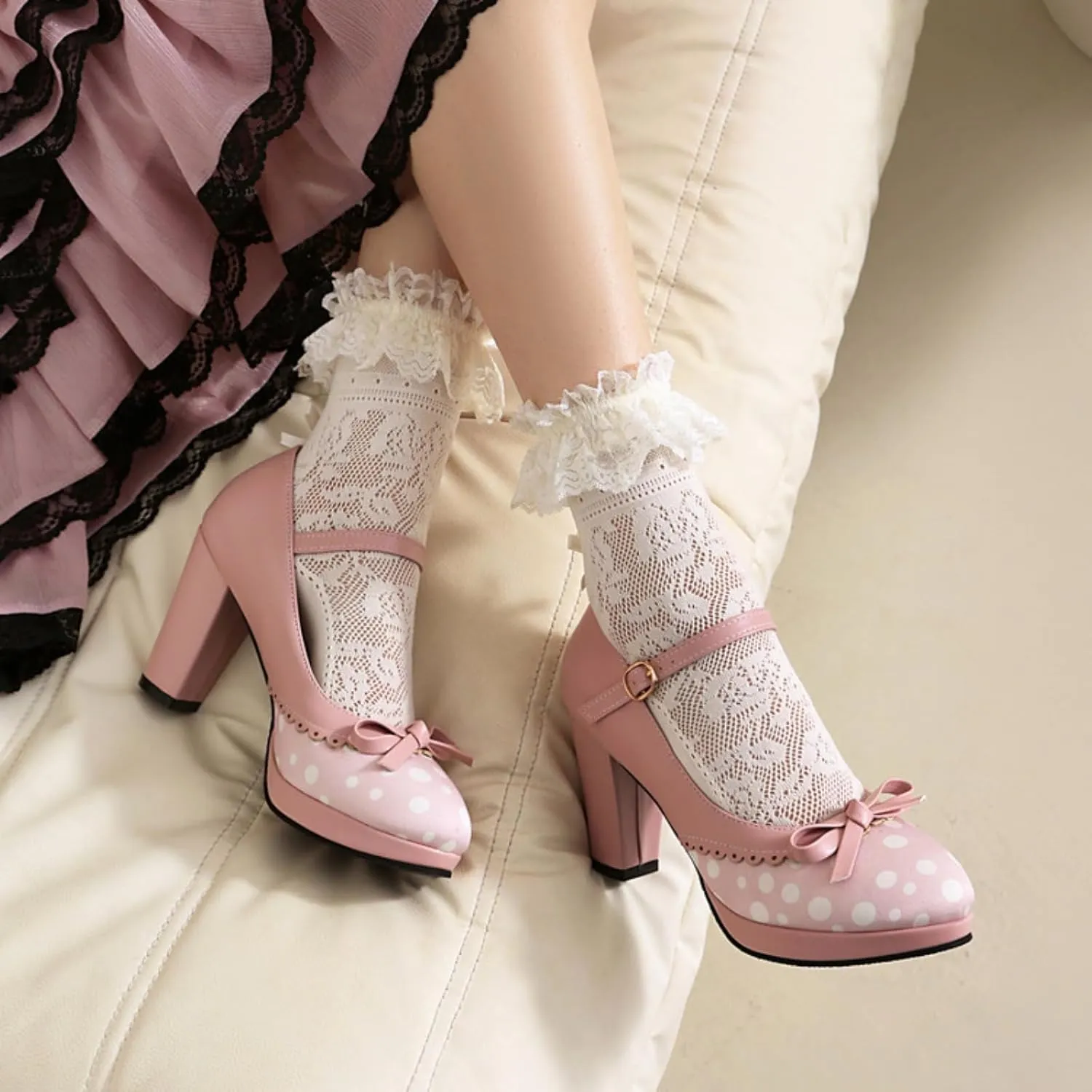 Aflngle Women's Bow Platform Mary Jane Pumps Fashion Patchwork Round Toe Closed Chunky High Heels Ankle Strap Buckle Wedding Party Prom Dating Dress Shoes