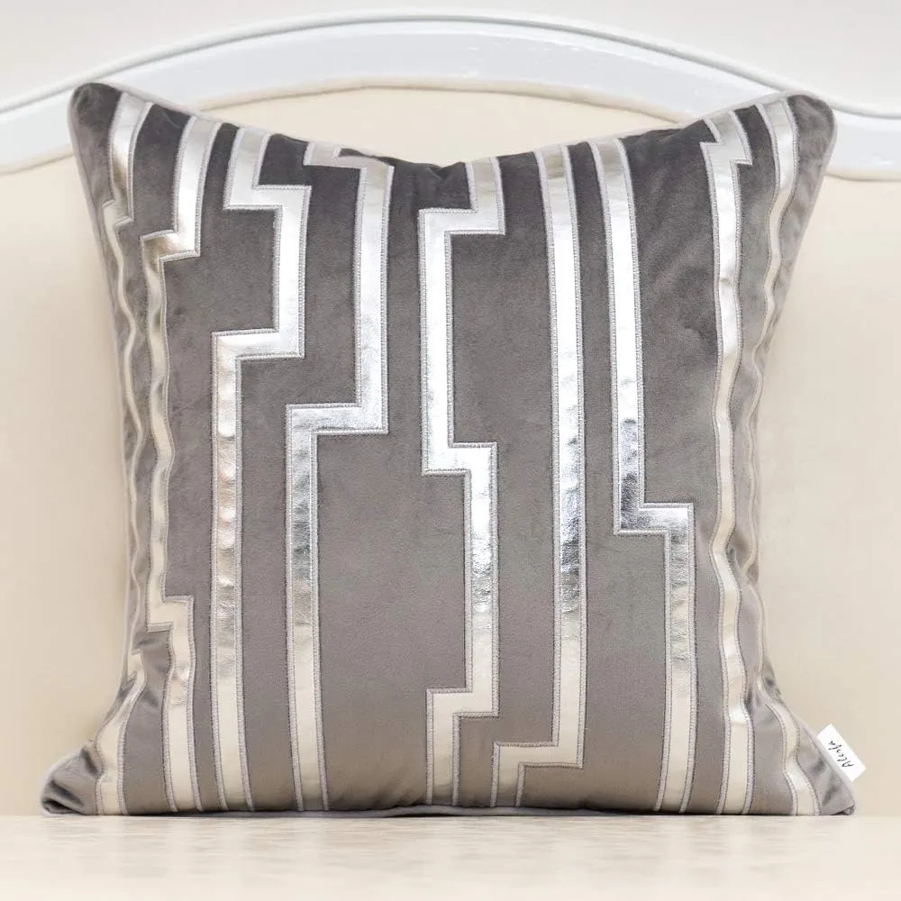 Alerfa Gold Leather Striped Gray Throw Pillow Cover 20x20 Inch, Geometric Luxury Decorative Embroidered Velvet Pillow Cover for Couch Living Room Bedroom
