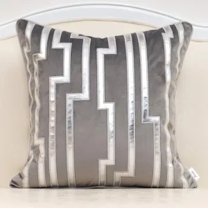 Alerfa Gold Leather Striped Gray Throw Pillow Cover 20x20 Inch, Geometric Luxury Decorative Embroidered Velvet Pillow Cover for Couch Living Room Bedroom