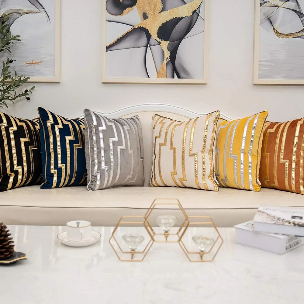 Alerfa Gold Leather Striped Gray Throw Pillow Cover 20x20 Inch, Geometric Luxury Decorative Embroidered Velvet Pillow Cover for Couch Living Room Bedroom