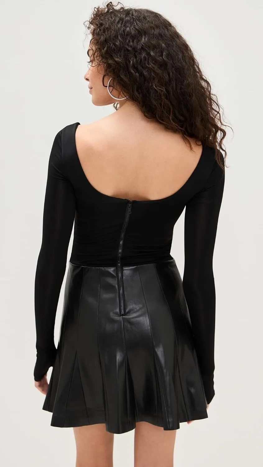 alice   olivia Women's Arden Vegan Leather Scoop Neck Pleated Mini Dress