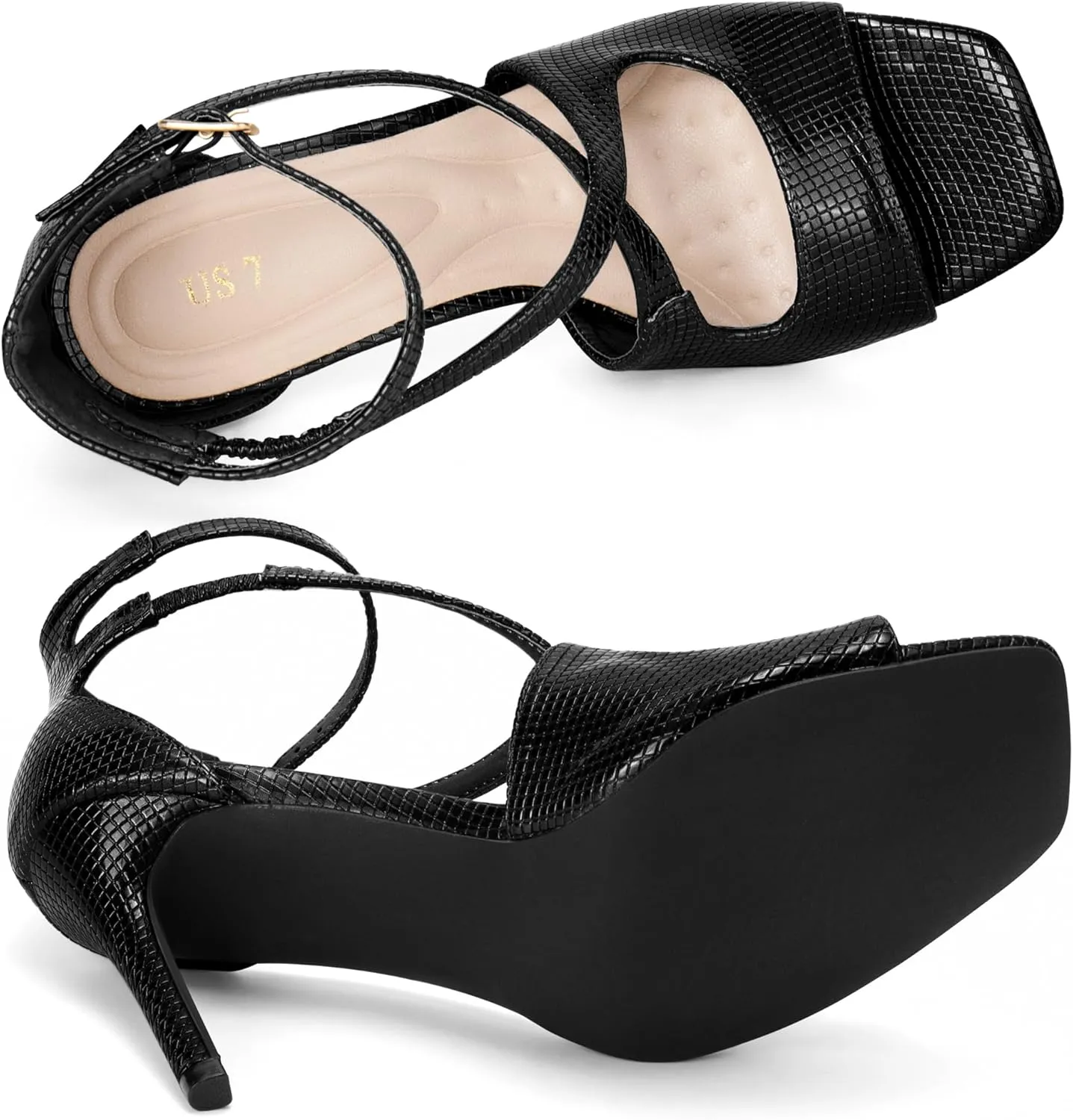 Allegra K Women's Ankle Strap Square Toe Crisscross Embossed Stiletto Heel Sandals