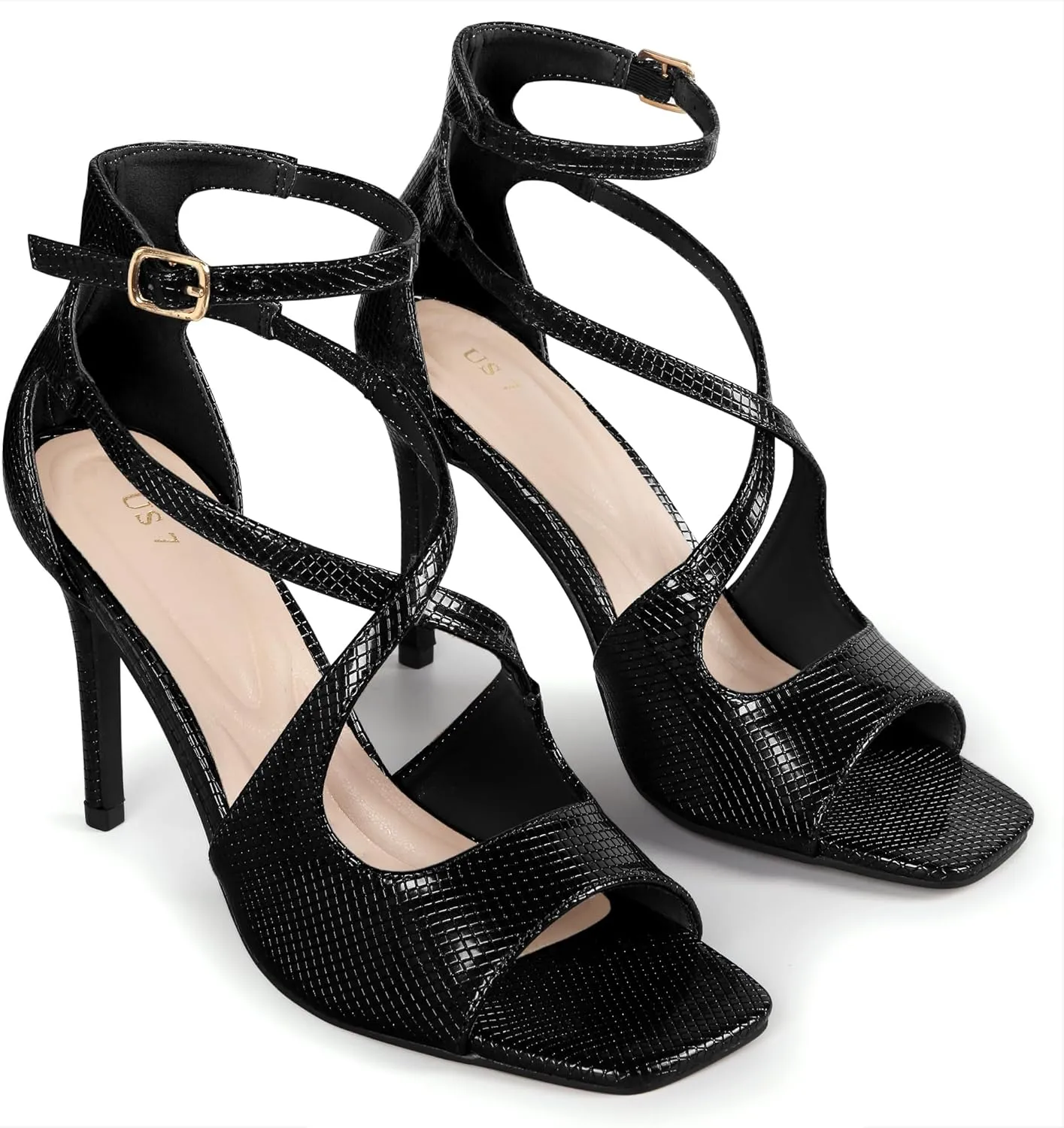 Allegra K Women's Ankle Strap Square Toe Crisscross Embossed Stiletto Heel Sandals