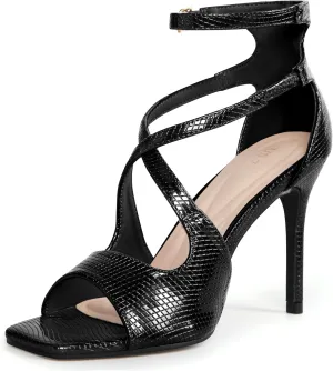 Allegra K Women's Ankle Strap Square Toe Crisscross Embossed Stiletto Heel Sandals