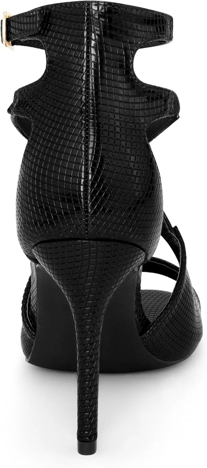 Allegra K Women's Ankle Strap Square Toe Crisscross Embossed Stiletto Heel Sandals