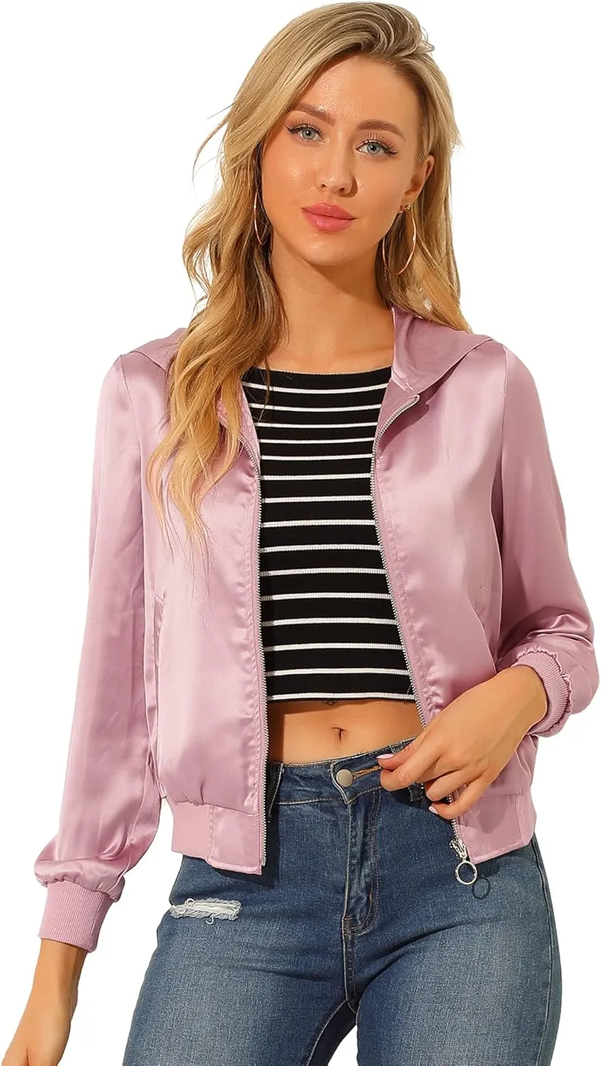 Allegra K Women's Casual Bomber Jacket Satin Zip Up Lightweight Hooded Windbreaker Outerwear