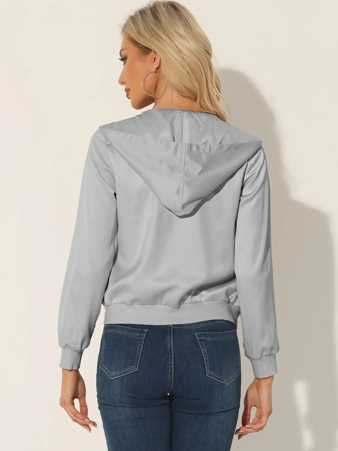 Allegra K Women's Casual Bomber Jacket Satin Zip Up Lightweight Hooded Windbreaker Outerwear