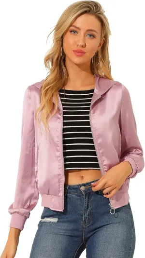 Allegra K Women's Casual Bomber Jacket Satin Zip Up Lightweight Hooded Windbreaker Outerwear