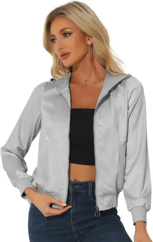 Allegra K Women's Casual Bomber Jacket Satin Zip Up Lightweight Hooded Windbreaker Outerwear