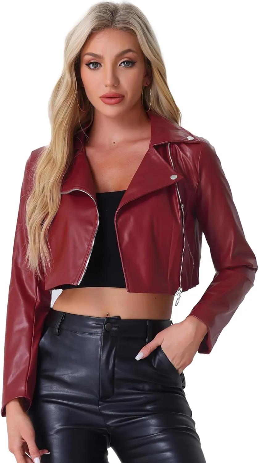 Allegra K Women's Faux Leather Long Sleeve Zipper Up Moto Cropped Jacket