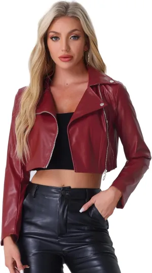 Allegra K Women's Faux Leather Long Sleeve Zipper Up Moto Cropped Jacket