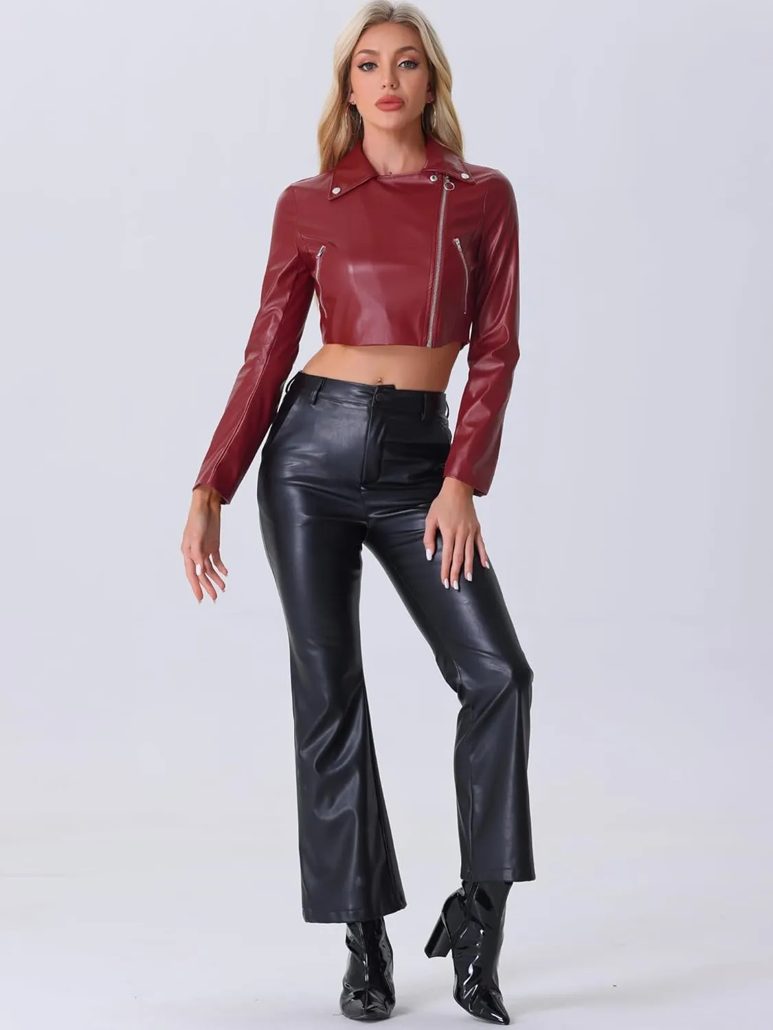 Allegra K Women's Faux Leather Long Sleeve Zipper Up Moto Cropped Jacket