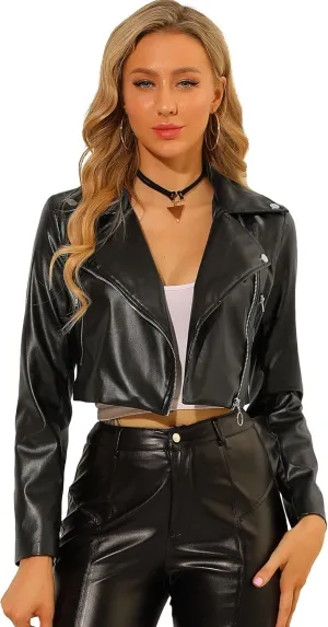 Allegra K Women's Faux Leather Long Sleeve Zipper Up Moto Cropped Jacket