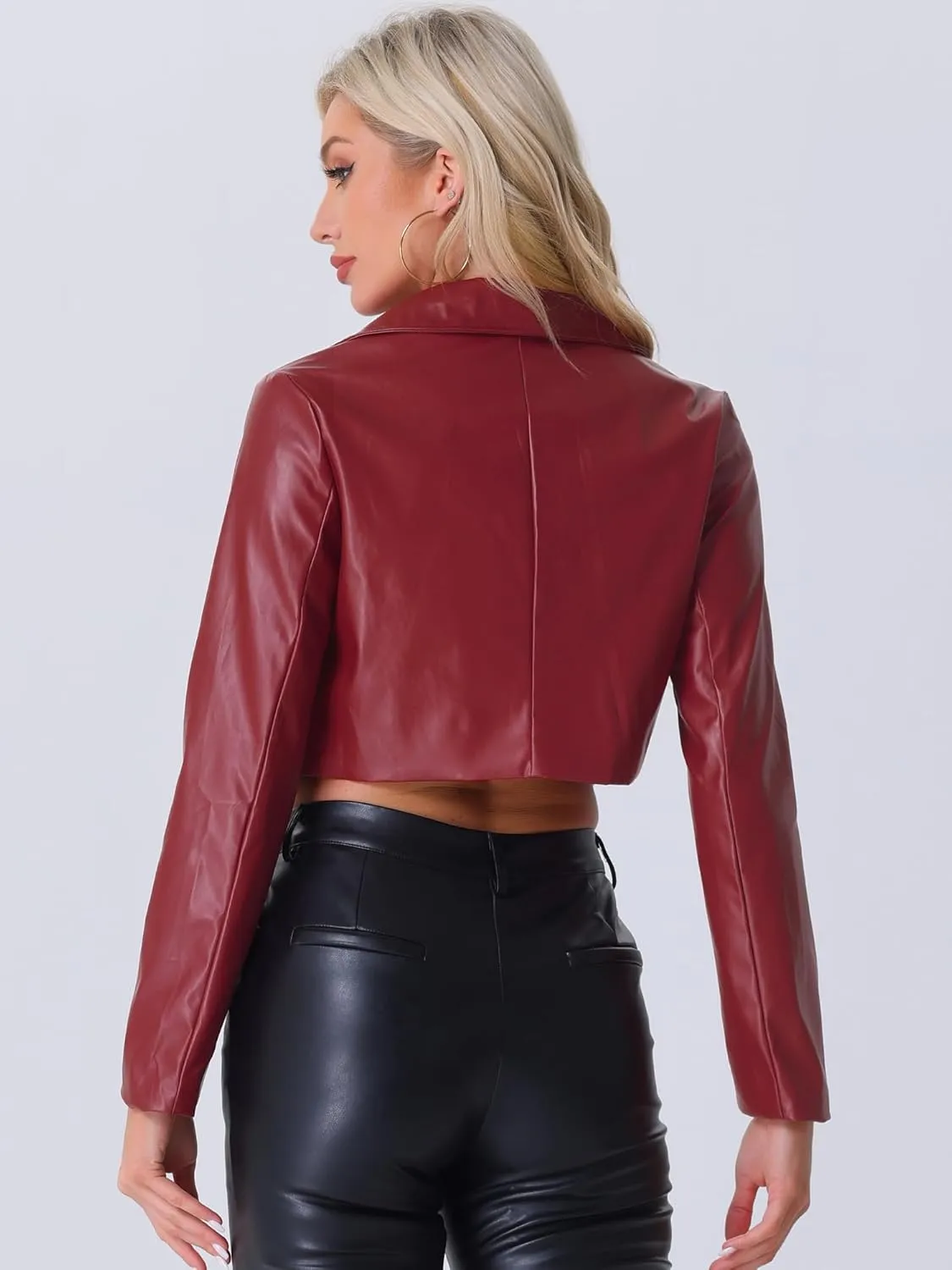 Allegra K Women's Faux Leather Long Sleeve Zipper Up Moto Cropped Jacket
