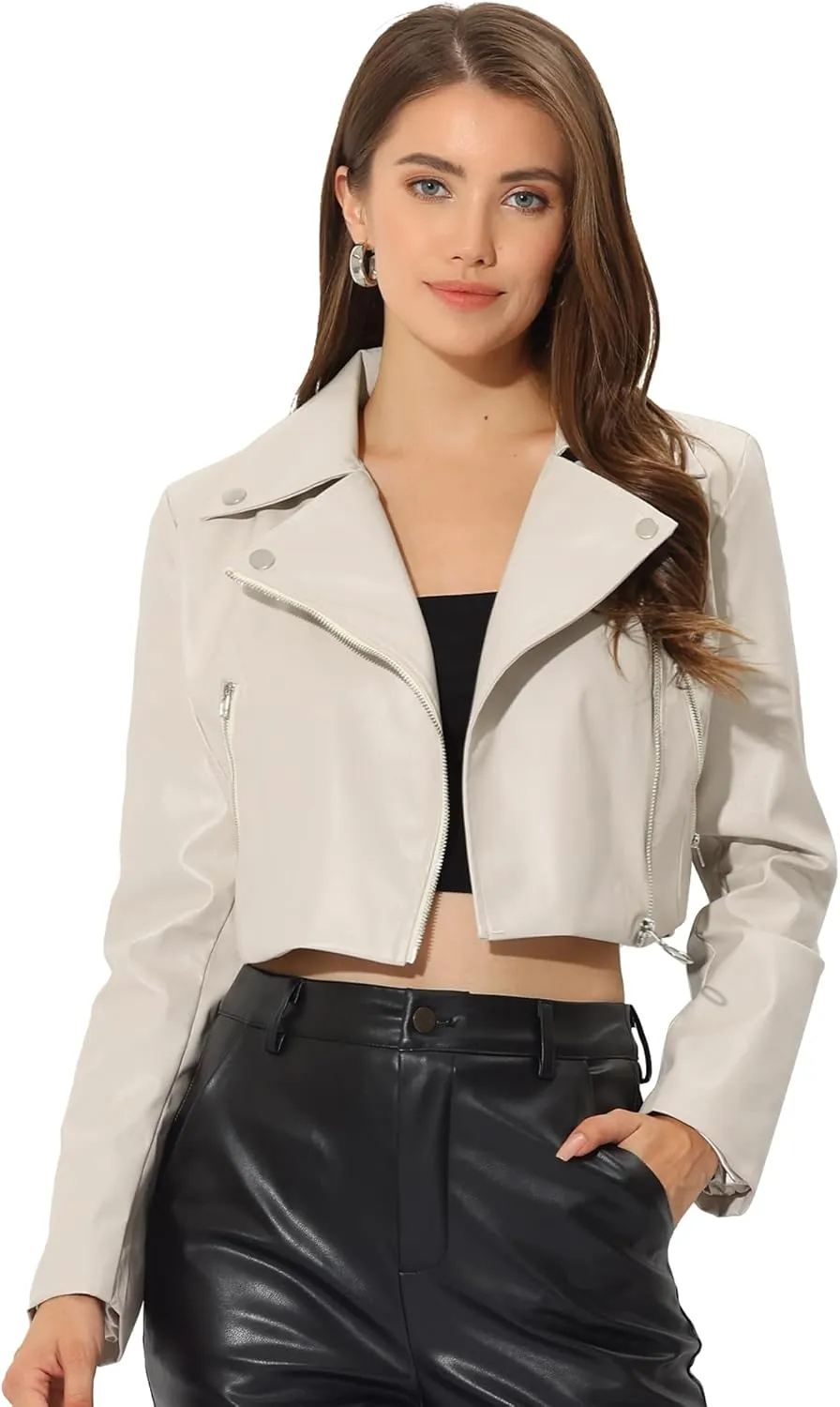 Allegra K Women's Faux Leather Long Sleeve Zipper Up Moto Cropped Jacket