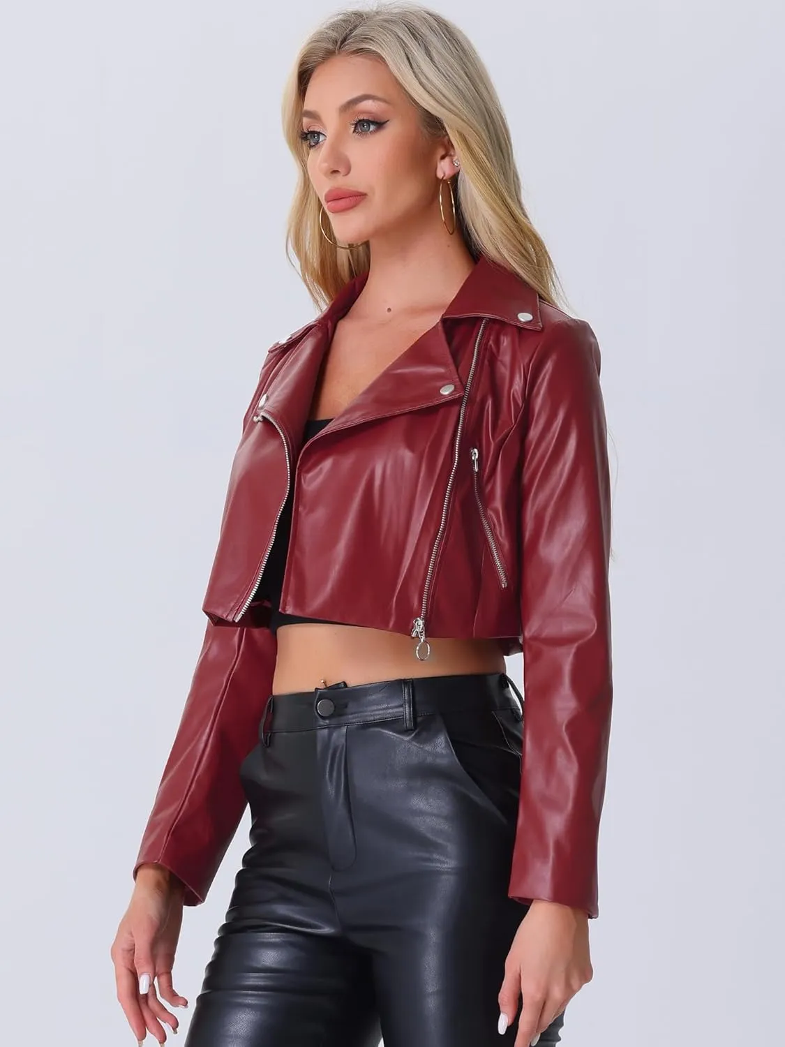 Allegra K Women's Faux Leather Long Sleeve Zipper Up Moto Cropped Jacket