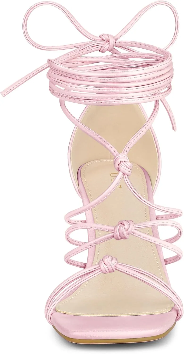 Allegra K Women's Lace Up Strappy Chunky High Heels Sandals