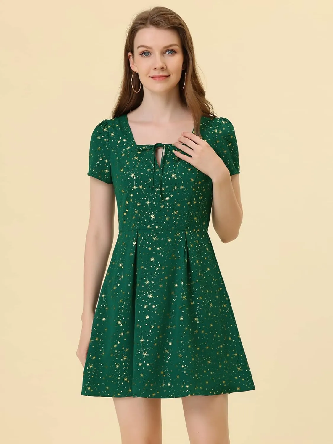 Allegra K Women's Printed Dress Summer 2025 Casual Square Neck Short Sleeve Fit and Flare Dresses