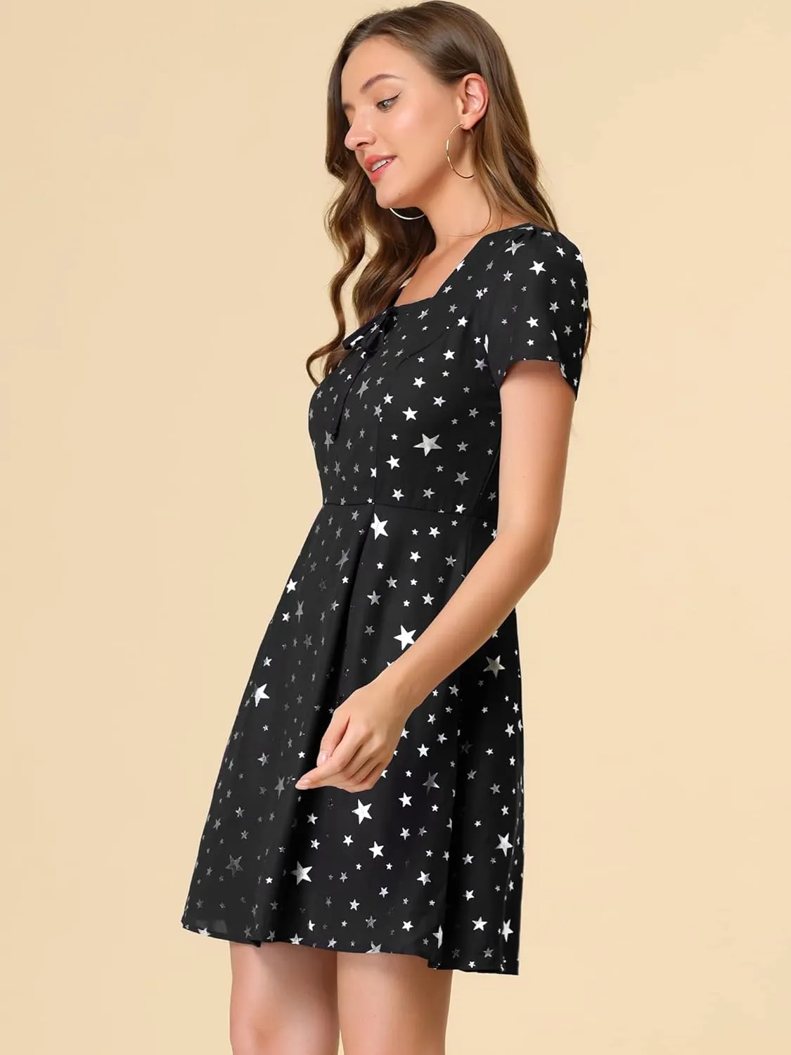 Allegra K Women's Printed Dress Summer 2025 Casual Square Neck Short Sleeve Fit and Flare Dresses