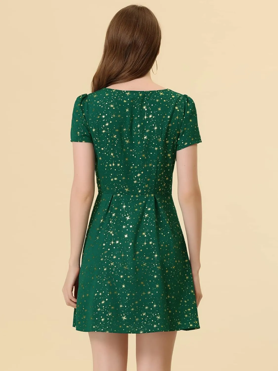 Allegra K Women's Printed Dress Summer 2025 Casual Square Neck Short Sleeve Fit and Flare Dresses