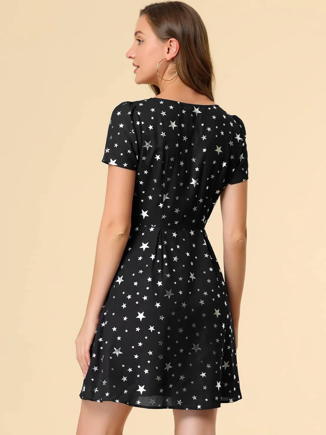 Allegra K Women's Printed Dress Summer 2025 Casual Square Neck Short Sleeve Fit and Flare Dresses