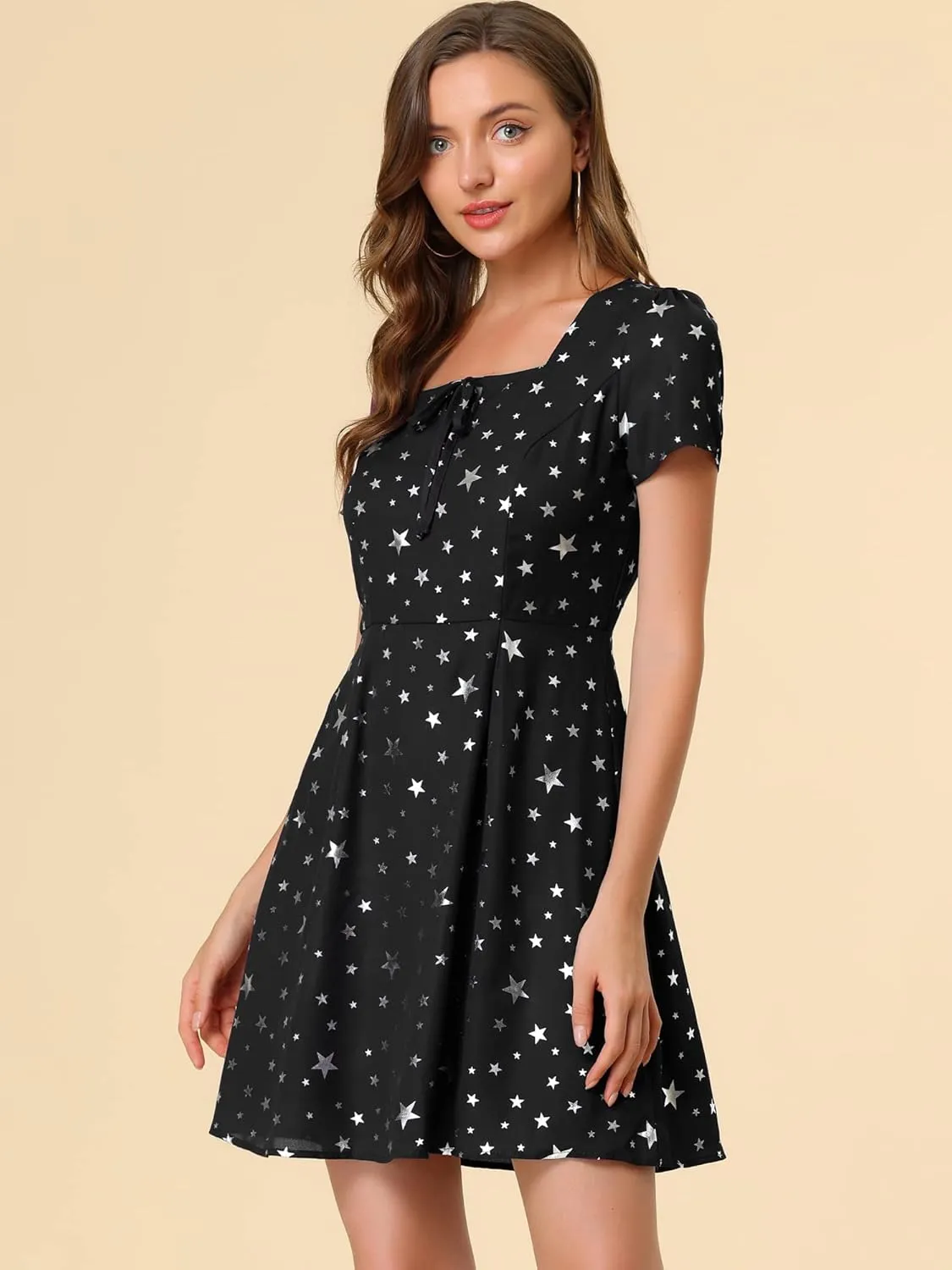 Allegra K Women's Printed Dress Summer 2025 Casual Square Neck Short Sleeve Fit and Flare Dresses