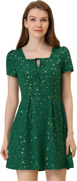 Allegra K Women's Printed Dress Summer 2025 Casual Square Neck Short Sleeve Fit and Flare Dresses